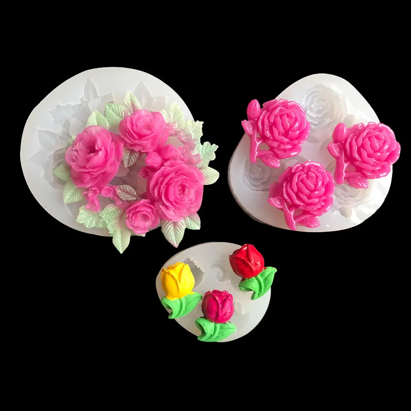 Crystal drop glue three-dimensional mold 3D rose tulip small wreath decoration mold DIY silicone jewelry decoration mold