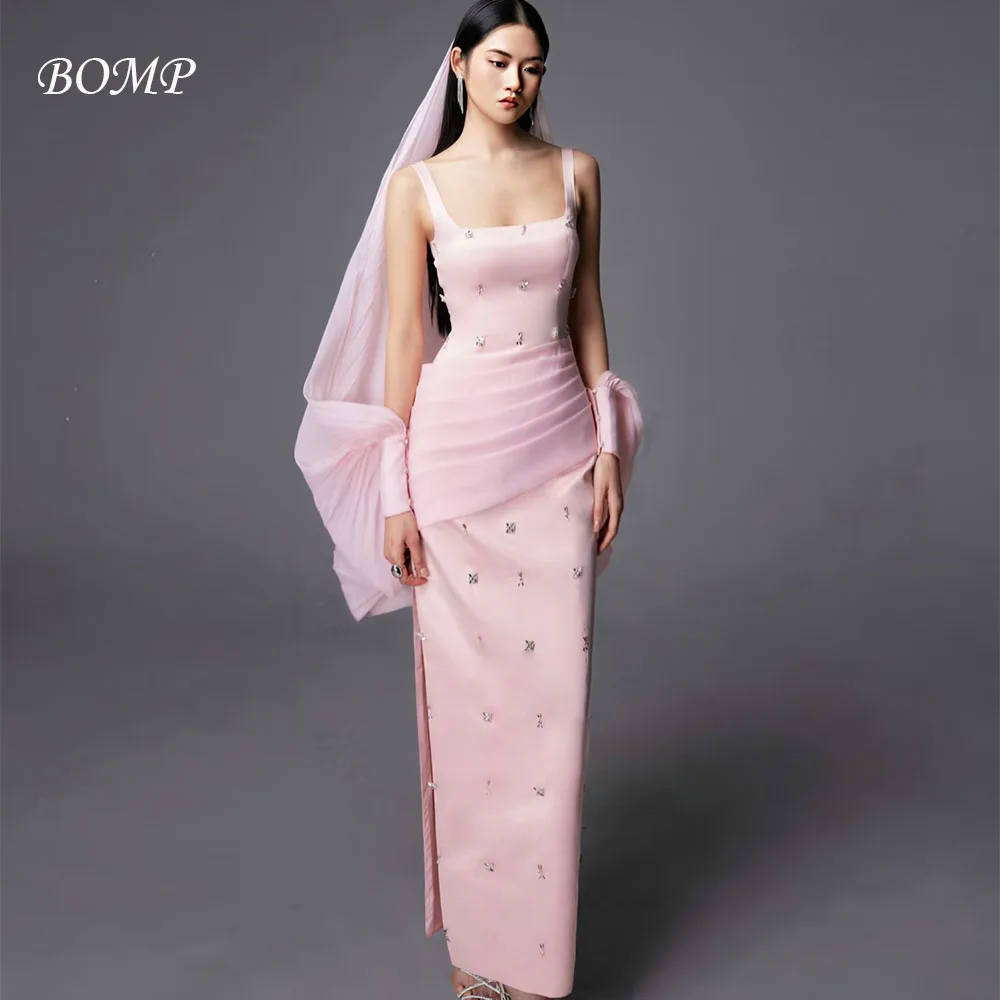 BOMP فستان سهرة فاخر من الخرز بياقة مربعة وأشرطة سباغيتي مطوي وردي من الساتان فساتين حفلات امرأة أمريكية مخصصة #1