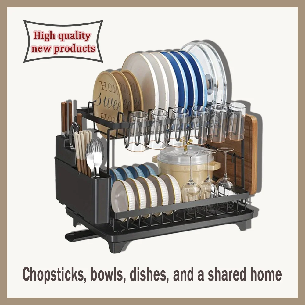 

Double layered dish rack, quick draining, dry and breathable, sorted and arranged, simple and elegant black and white color