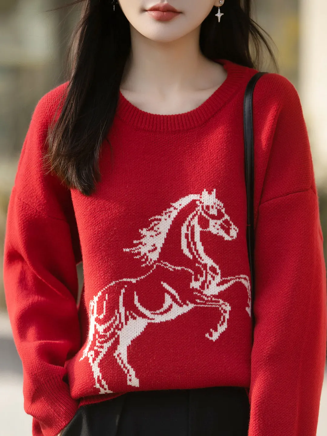 

Red Pattern Long Sve round Ne Knitted Sweater Women's Casual Sle Autumn Winter Thiened Base Layer irt