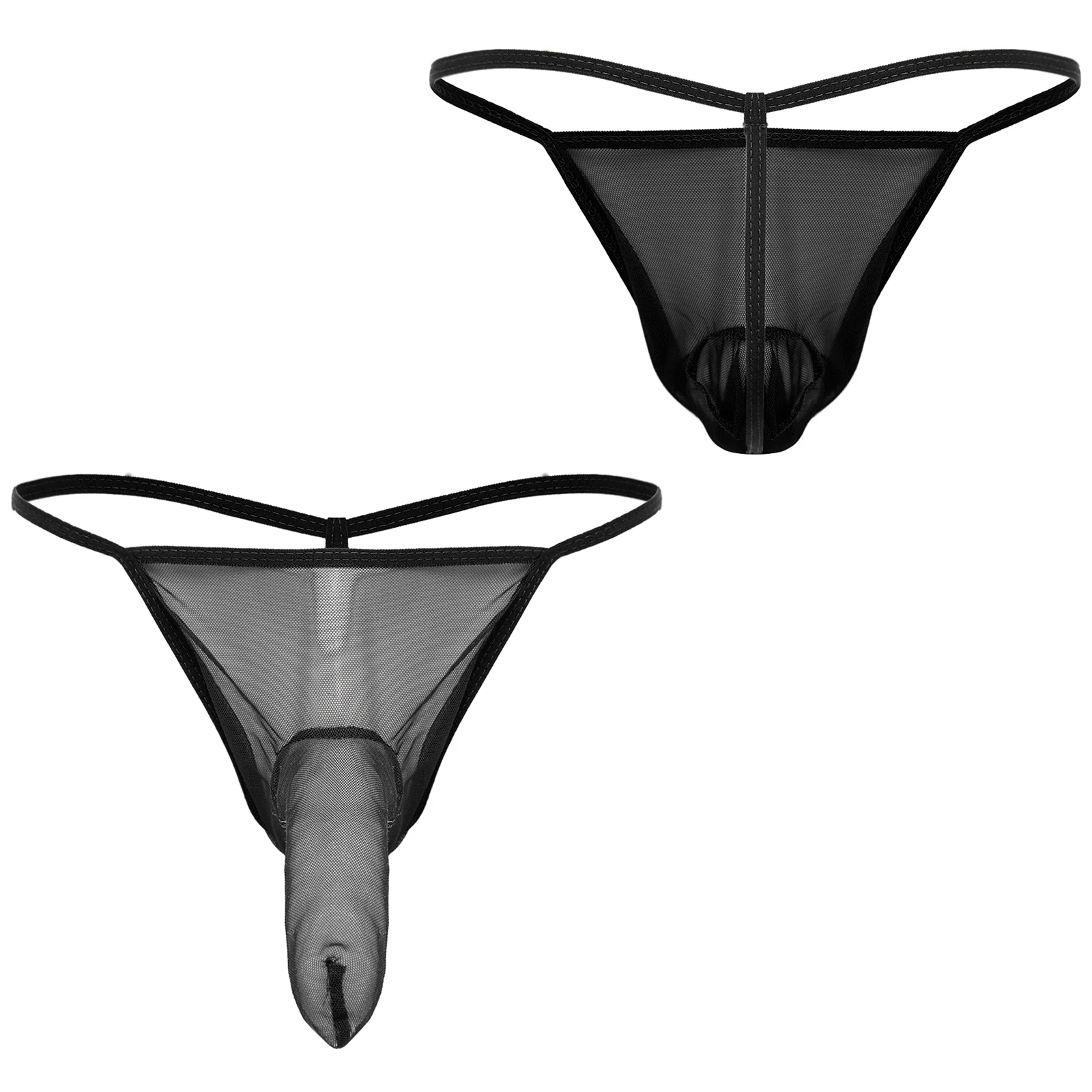 Mens See Through Mesh Thong Underwear Spaghetti Waistband Bulge Pouch with Sheath T-back Briefs Swimwear Nightwear Micro Panties