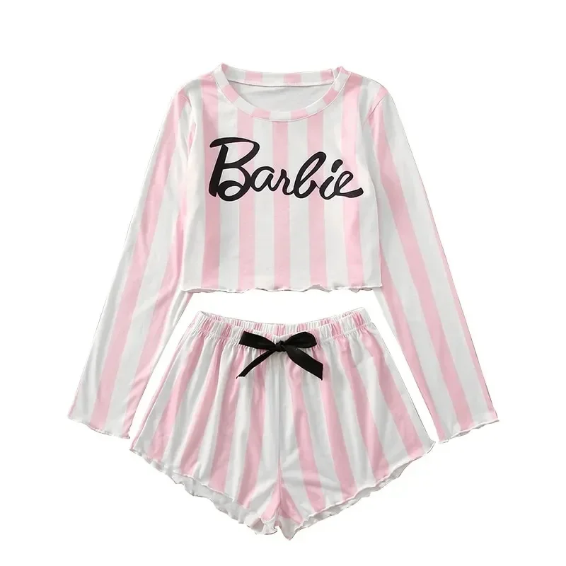 Barbie Pink and White Striped Pajamas Casual Long-sleeved Shorts Women\'s Home Wear Anime Kawaii Two-piece Set Girl Gifts