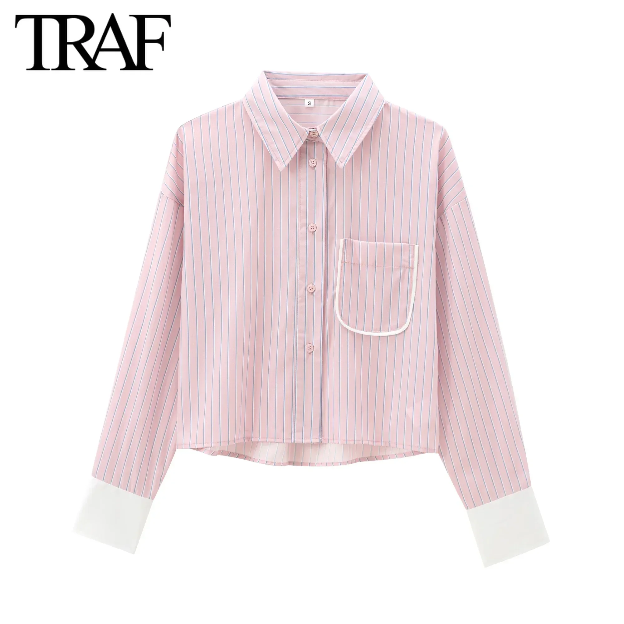 TRAF Women Fashion Spring New Striped Long Sleeve Single Breasted Lapel Short Blouse Street Clothing Shirt Chic Ladies Top