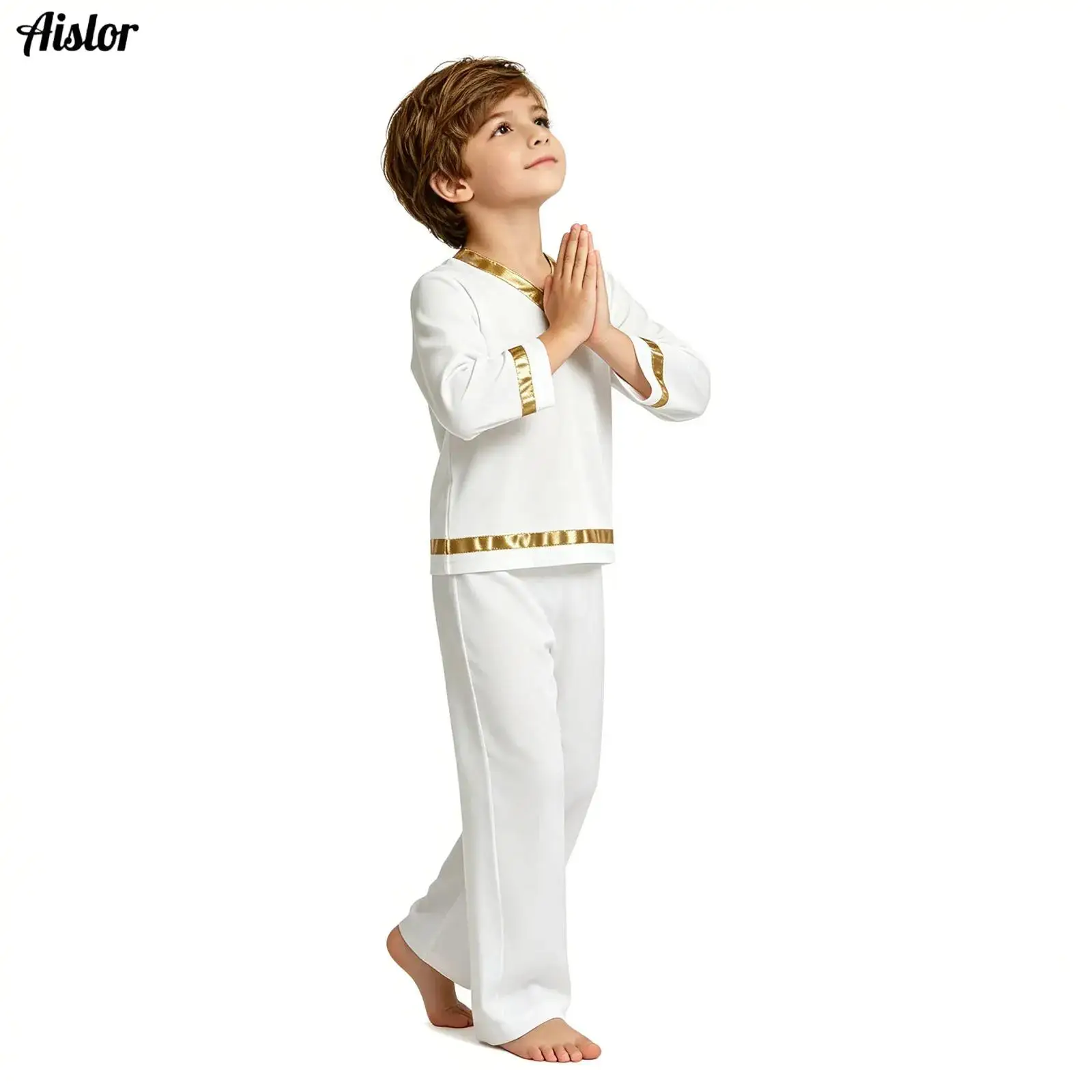 Boys Church Choir Worship Praise Dance Tunic Tops Robe Long Sleeve Metallic Gown Wide-leg Pants Christian Pastor Priest Outfits
