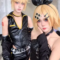 Anime Game Len Cosplay Costume Wig Adult Unisex Leather PU Top Shorts Suit Halloween Punk Party Outfit Uniform Accessories