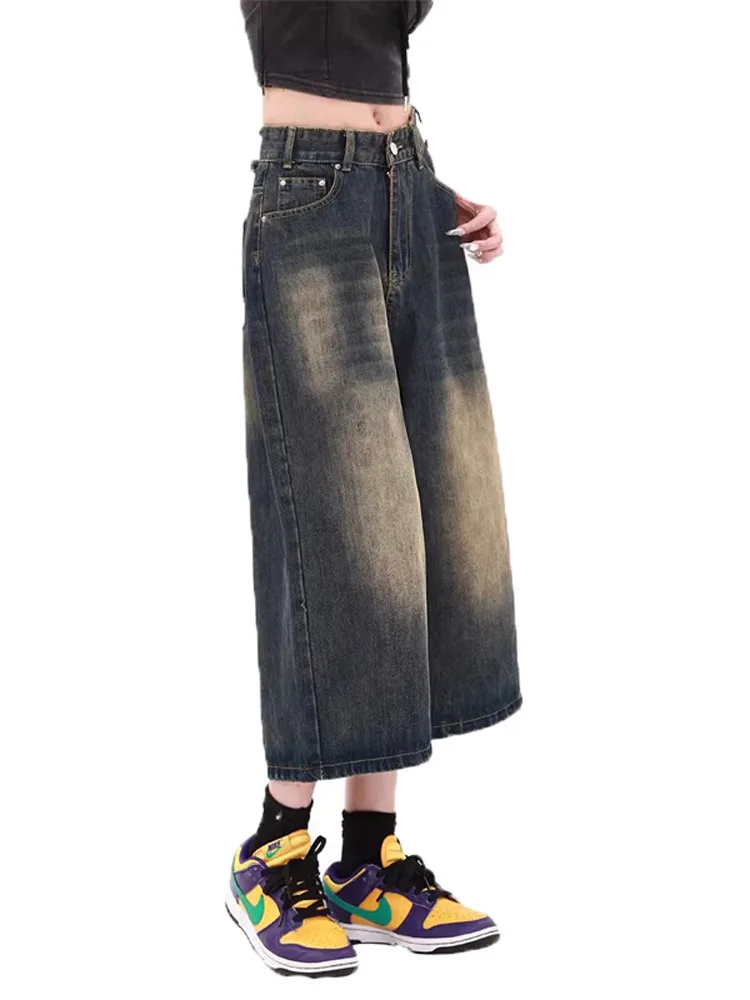 Retro American Distred Wide Leg Seven-Foot Denim Jeans Women Summer 2025 New Spicy High Waist Loose Slim orts