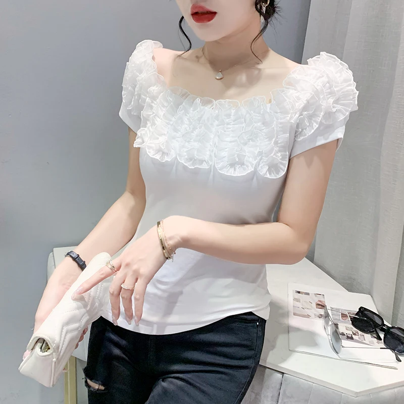 Summer European Clothes High Quality Cotton T-Shirt Chic Sexy Off Collar Ruffles Women Tops Short Sleeve New 2023 Slim Tees 2131