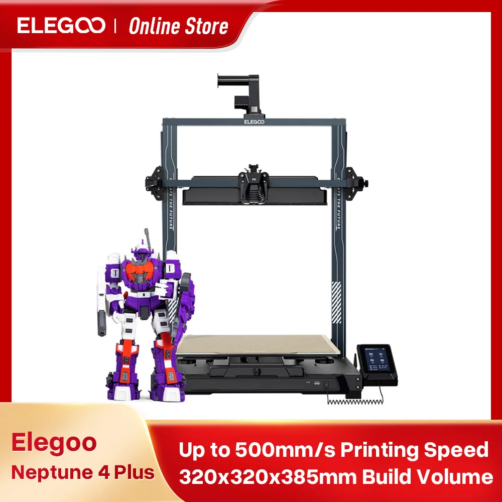 طابعة ELEGOO NEPTUNE 4 PLUS FDM ثلاثية الأبعاد مع سرعة طباعة تصل إلى 500 مم/ثانية، لوحة أم كليبر عالية السرعة، حجم البناء 320 × 320 × 385 مم