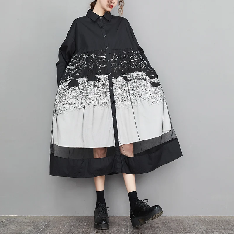 Mesh Patchwork Print Shirt Dresses For Women Long Sleeve Loose Casual Vintage Dress Fashion Elegant Clothing Spring Autumn 2026