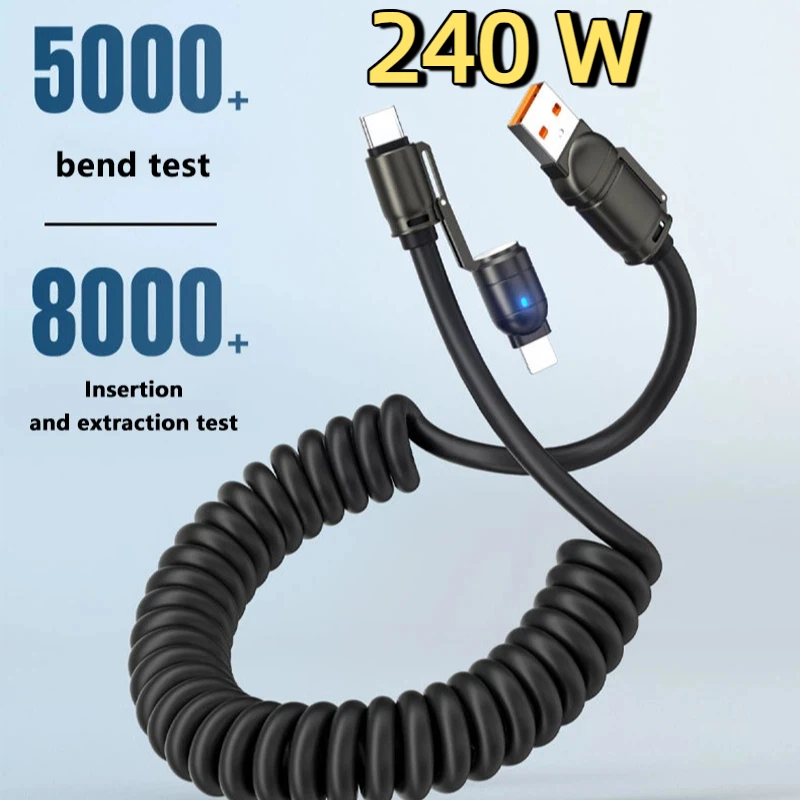 

2 м 240 Вт Пружинный кабель для быстрой зарядки Android Auto 4в1 Тип C USB для CarPlay Lightning iPhone 16 Huawei Samsung Кабель для автомобильного зарядного устройства