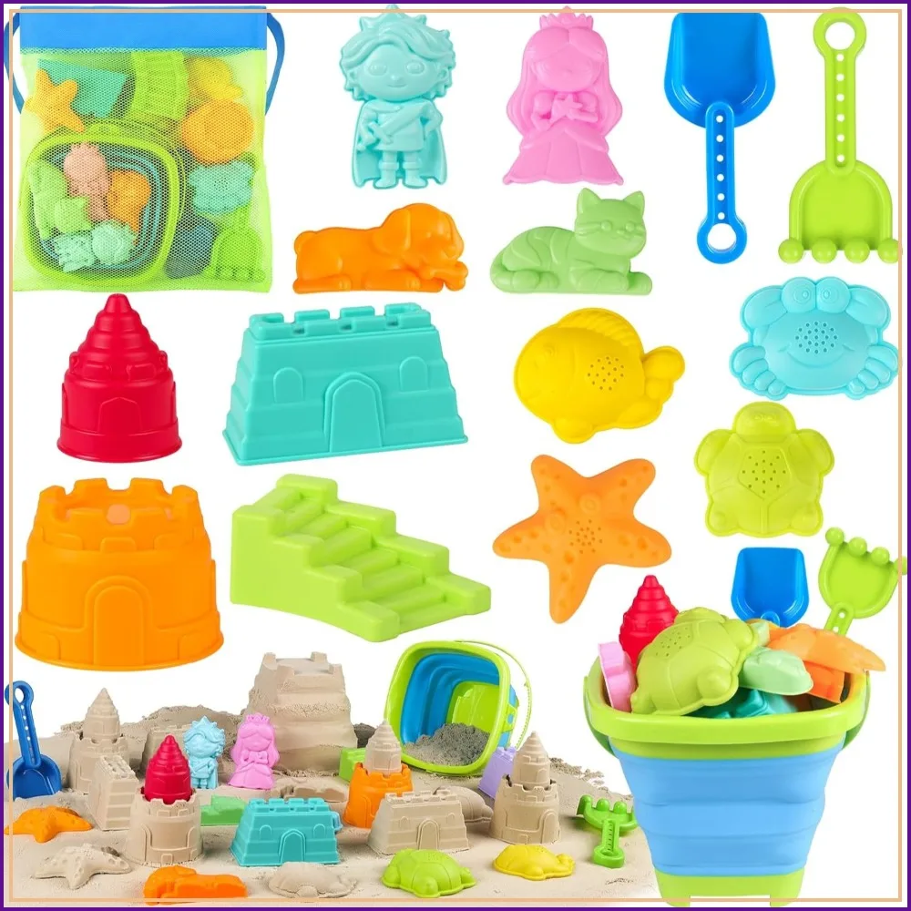 

Collapsible Beach Toy Set: Foldable Sand Bucket & Shovels with Mesh Bag, Travel Sand Toys for Toddlers & Kids