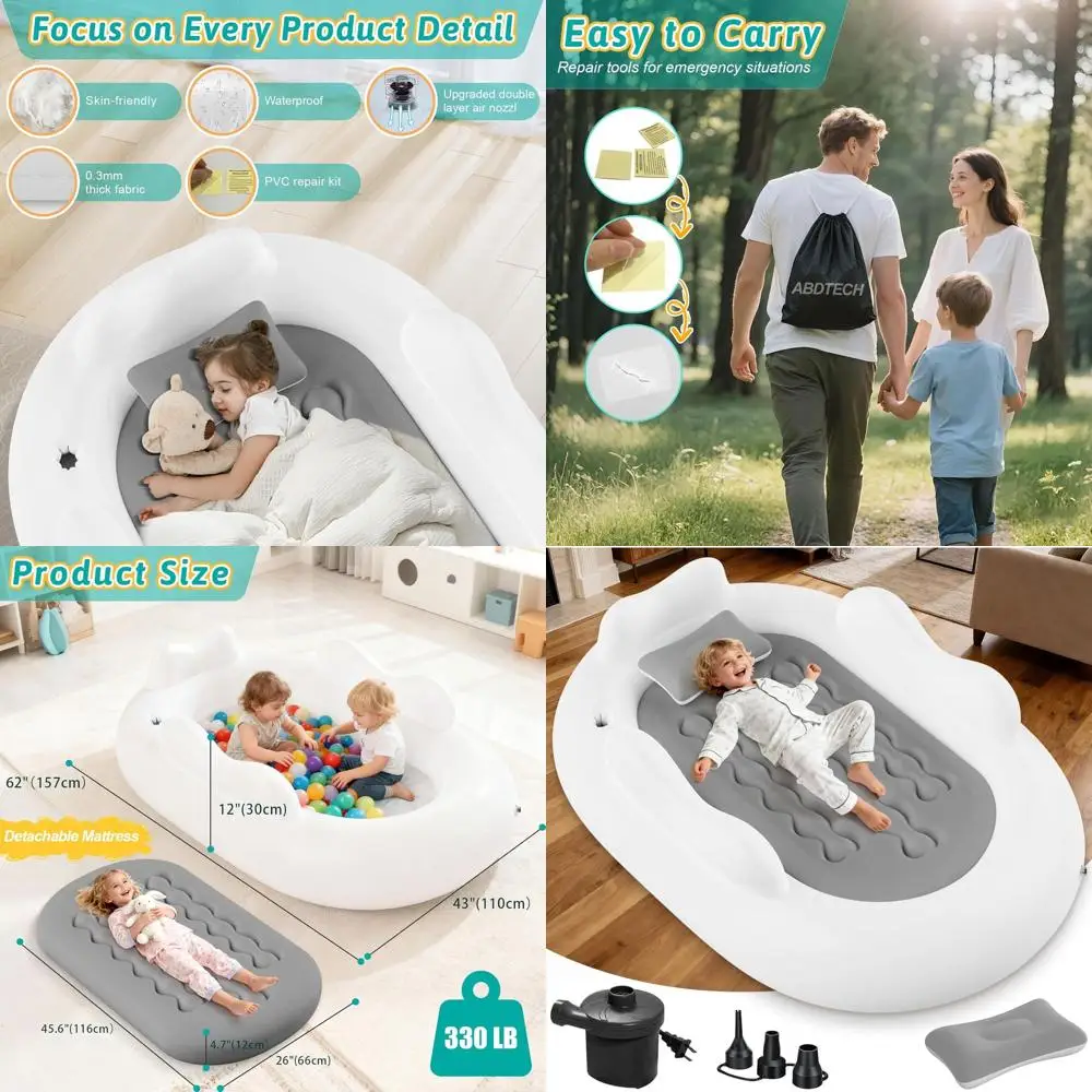 

Portable Inflatable Toddler Air Mattress with Safety Sides for Travel, Camping, and Home - Grey, 60