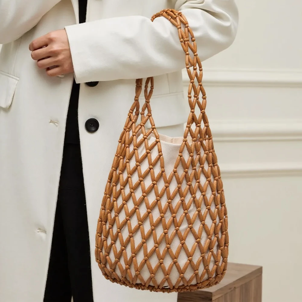 

Women Woven Hand Bag Summer Design Hollow-out Wooden Bead Tote Bucket Shoulder Bag Female Reticulate Netted Canvas Beach Handbag