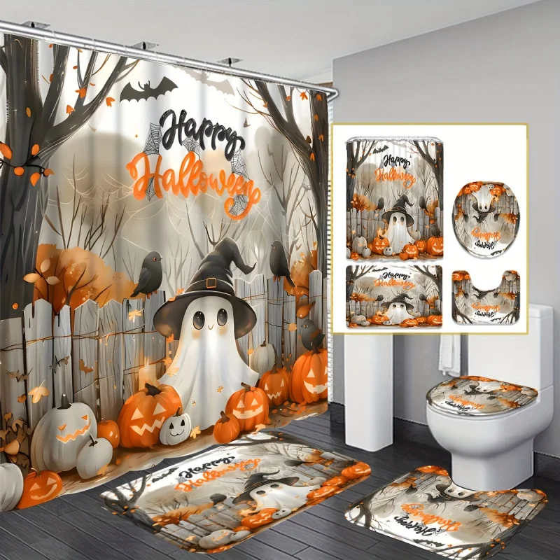 4pcs Complete Modern Bathroom Decoration - Halloween Themed Shower Curtain Set with 70.8x70.8 Inch Non-slip Design, 12 Hooks, Ba