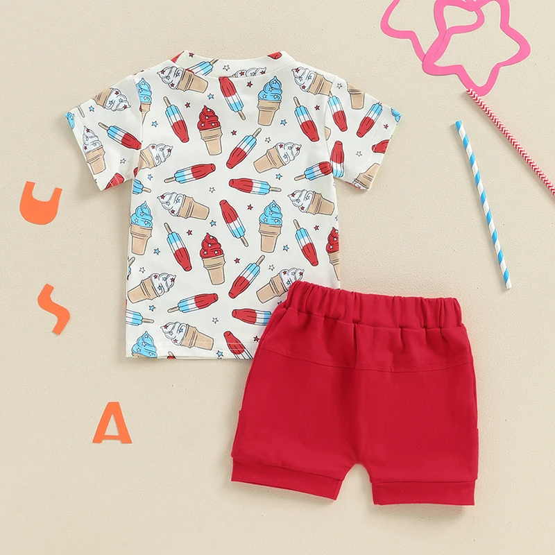 4th of July Baby Boy Outfit Popsicle Print Short Sleeve T Shirt Star Print Elastic Waist Shorts Cute Clothes Set