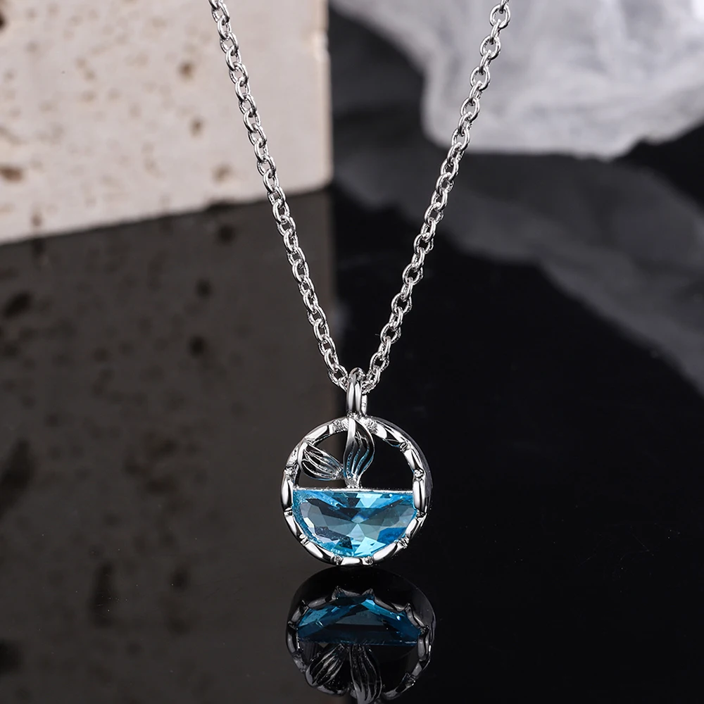 Spring Water Natural Blue Topaz 925 Sterling Silver Mermaid Fish Tail Pendant Necklace for Woman Gemstone Fine Jewelry Choker