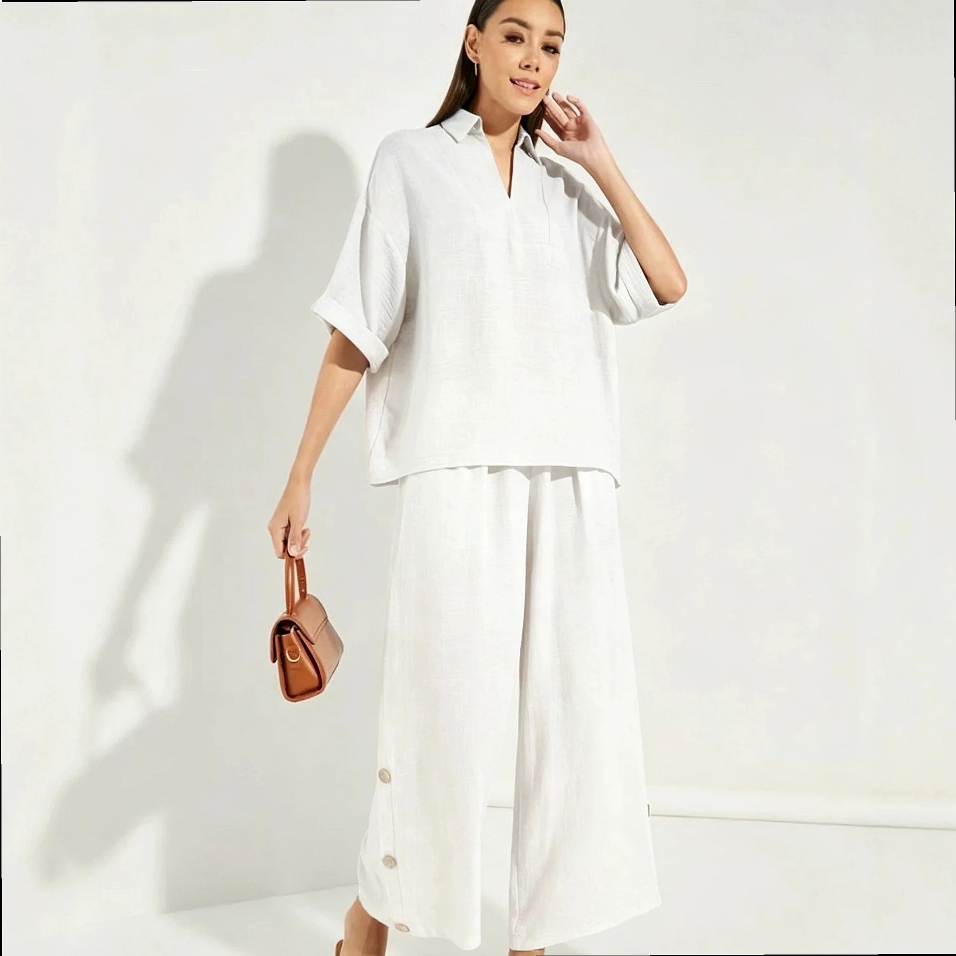Women's V Neck Linen Cotton Blouse Top and Wide Leg Pants Matching Set Casual Jumpsuit Playsuit
