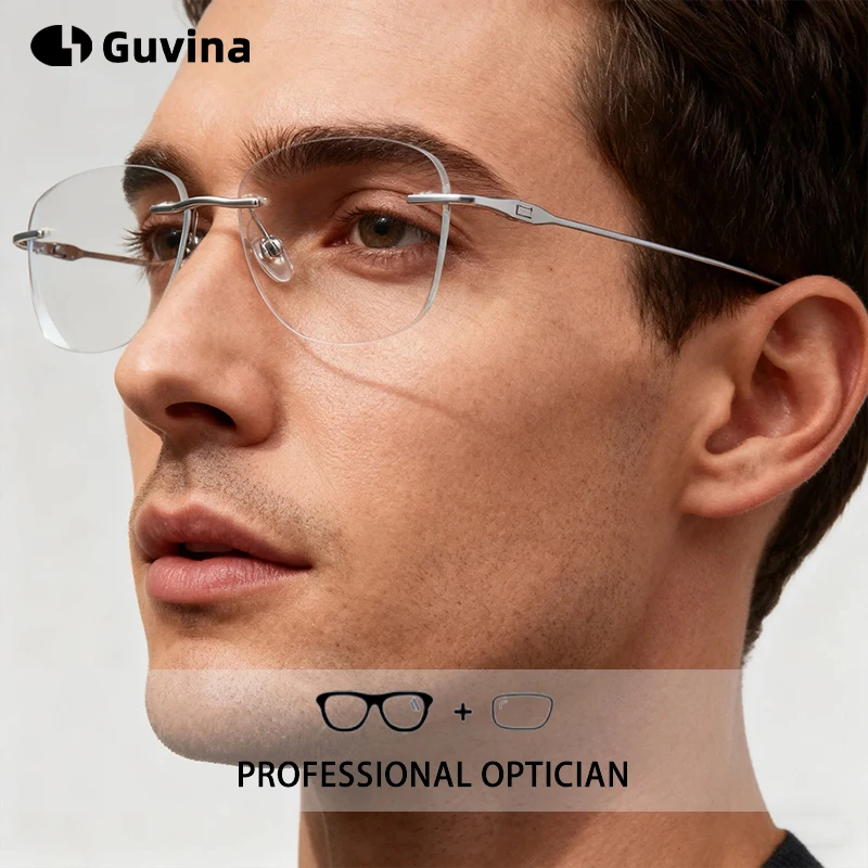 Lunettes sans monture Pilot pour hommes, en titane pur, verres optiques sur ordonnance, verres progressifs HD pour myopie, résistantes aux rayures