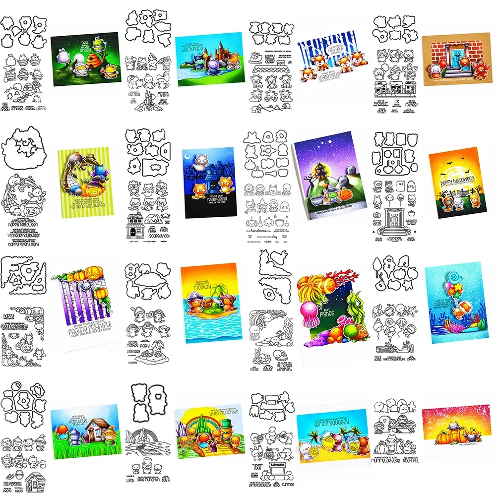 Halloween Freche Bienen Katzen Bären Pals Metall Stanzformen / Klare Stempel Ballon Haufen DIY Scrapbooking Papier Karte Basteln