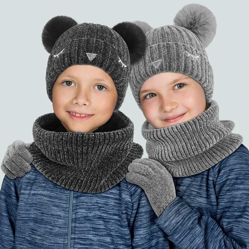 Three Piece Set of Children Hats Scarves Gloves Warm Knitted Hats Added Fleece for Babies Baby Caps for Boy Winter Hats for Girl