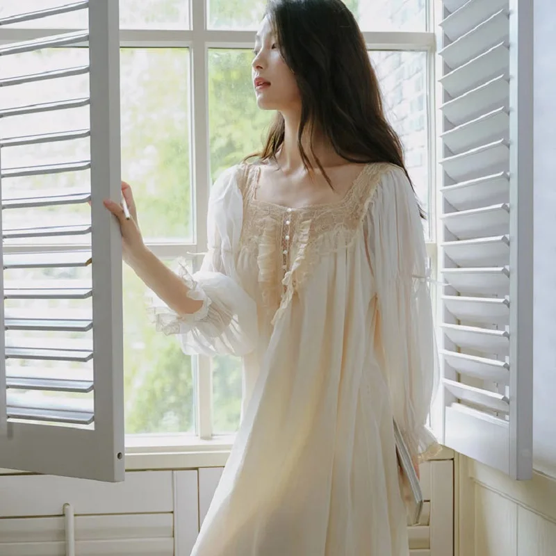 Vintage Gauze Cotton Long Nightgowns For Women Long Sleeve Elegant Princess Nightshirts Spring Summer Loose Long Nightgowns