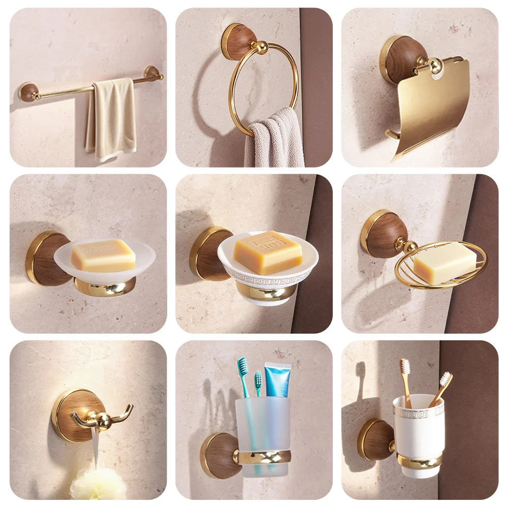 

Bathroom Accessories Set Robe Hook Paper Holder Towel Bar Soap Basket Gold Finish Bathroom Fitting