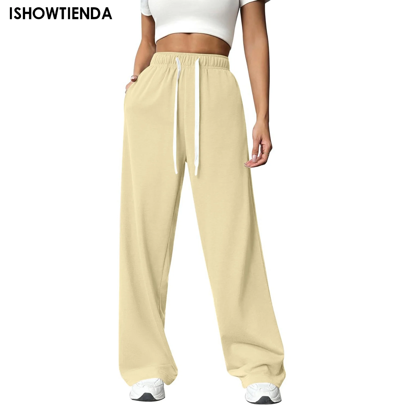 Women S Casual Wide Leg Joggers Sweatpants Solid Color Drawstring High Waist Trousers Lounge Pants Women Sports Long Pants