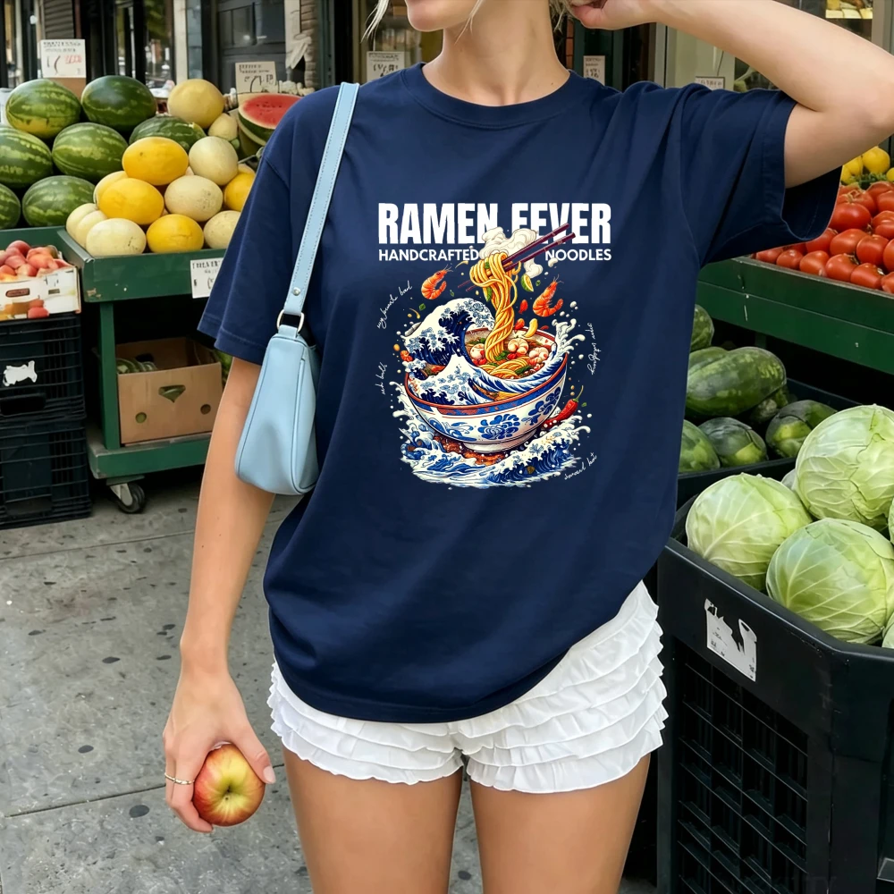 Ramen Fever The Great Wave Off Kanagawa Seafood Shrimp Noodle Bowl Graphic Print Women Cotton Japanese Street Food Casual Tops