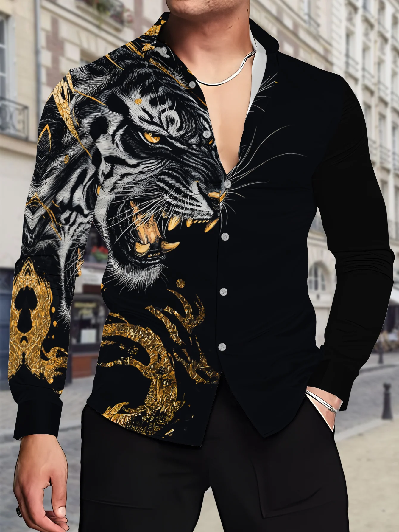 Men Long Sleeve Button Down Shirt Black Golden Glitter Tiger Head Print Polyester Lapel Collar Casual Party