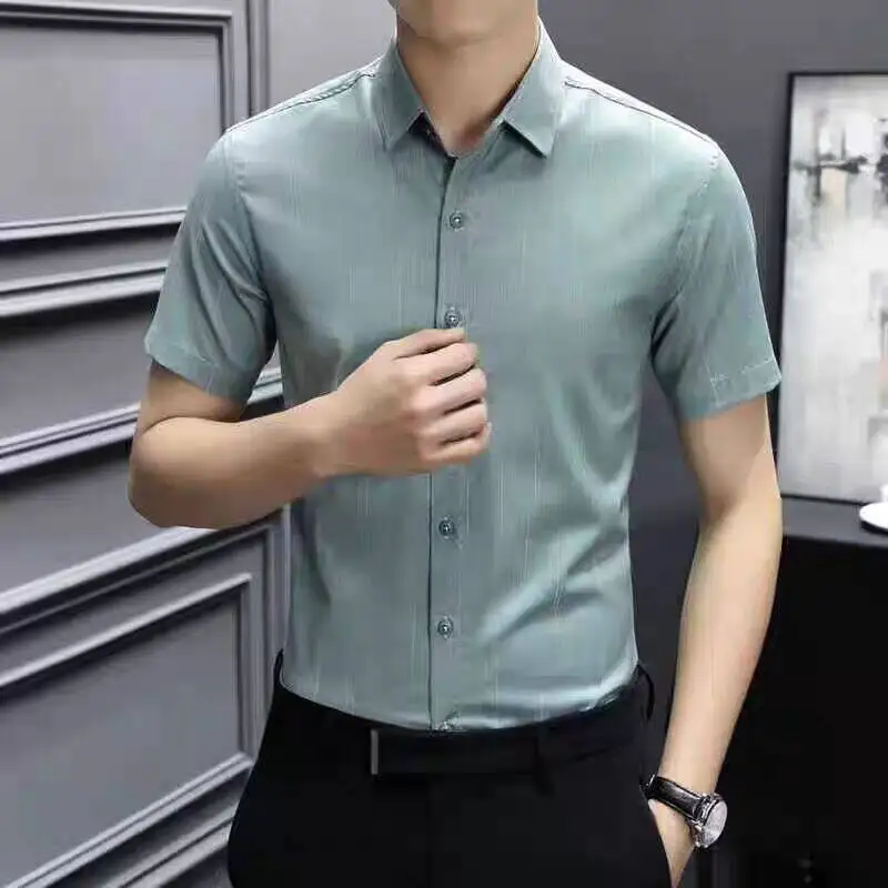 

Turn-down Collar England Style Summer Striped Button Cardigan Short Sleeve Shirt Casual Formal Business Men's Clothing Tops