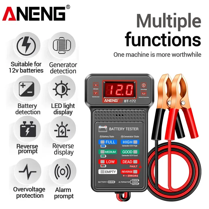 

ANENG BT-172 12V Digital Battery Tester Car Battery Indicator with Alligator Clips LED Battery Status Indicator Electrician Tool