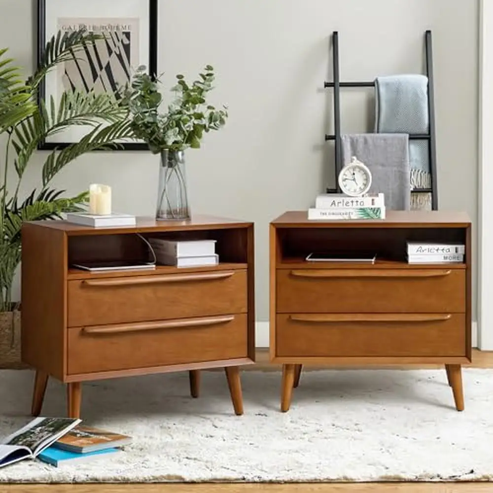 Bedroom End Tables Set of 2 Mid-Century Modern 2 Drawer Nightstand Charging Station Acorn Wood Organizer Shelf Housewares