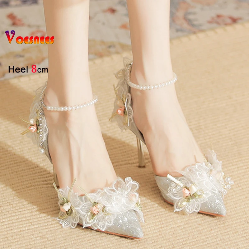 

2025 New Spring Summer Pointed Single Shoes Lady Party Dress Shoes Fashion Lace Flower Pearls 8CM High Heels Shallow Women Pumps
