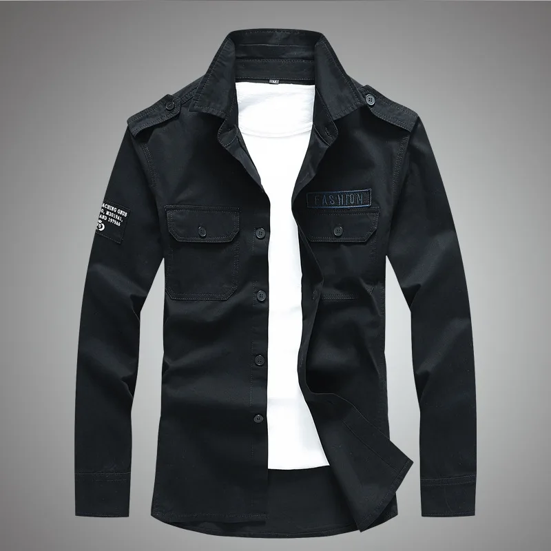 

Весенне-осенняя новая однотонная рубашка, мужская свободная рубашка с длинными рукавами и несколькими сумками, трендовая повседневная универсальная куртка с вышивкой