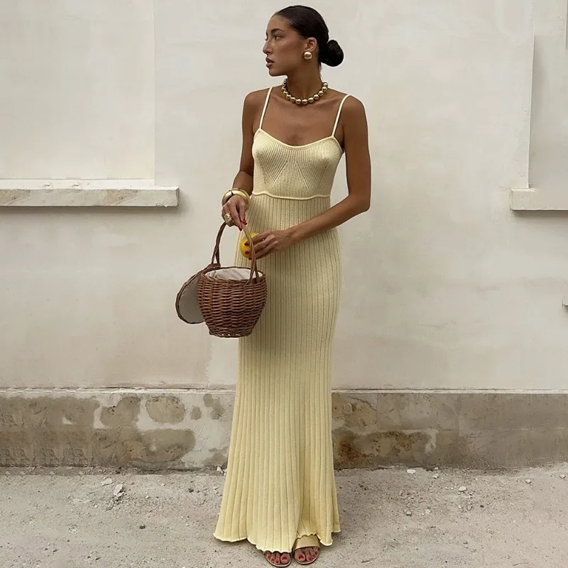 

Ticketsx Knit Backless Long Dress Women's Sleeveless Spaghetti Strap Sling Dress Female Sexy Holiday Party Slim Elastic Dresses