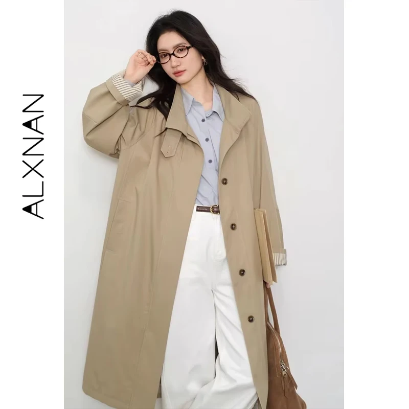 ALXNAN 카키 트렌치 가을 겨울 오버사이즈 싱글 브레스티드 패치워크 미드 길이 코트 방풍 공식 출퇴근용 트렌치 L57538