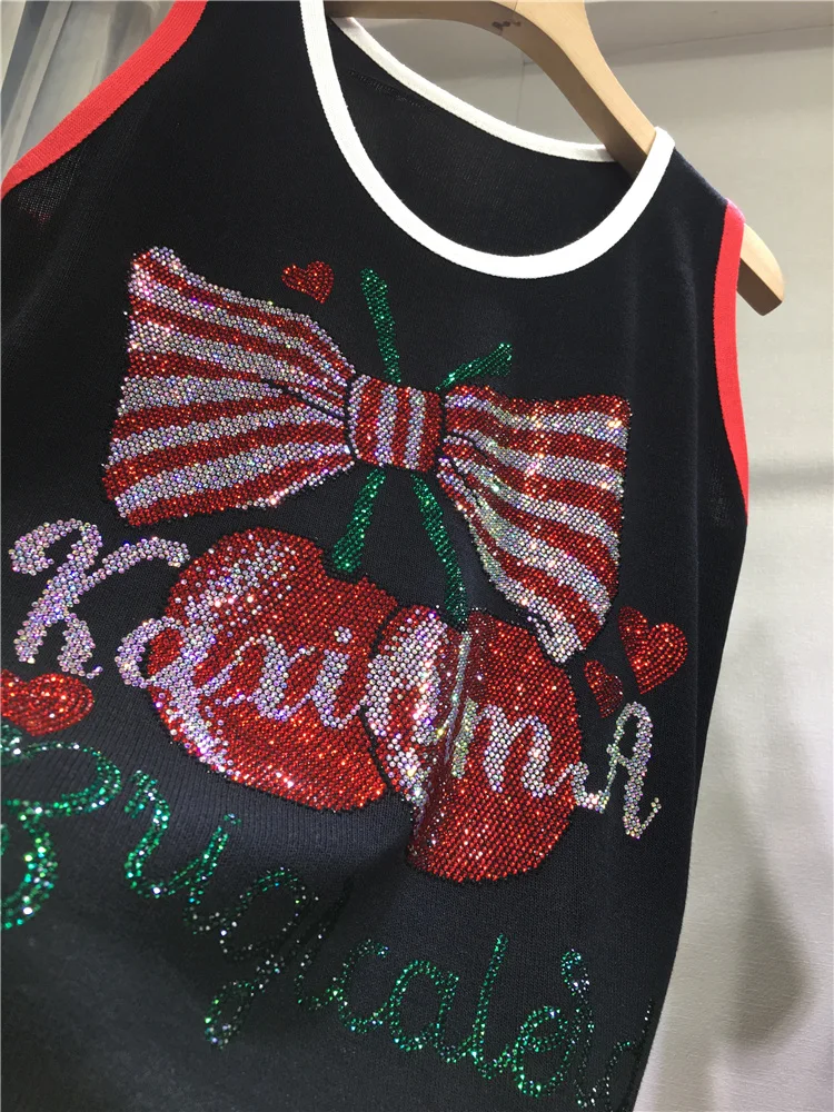 Heavy Industry Hot Diamond Sunscreen Shirt Thin Black Loose Light Breathable Ice Silk Vest Cherry Pattern Spring and Summer Top