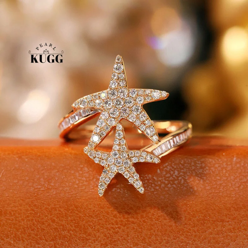 KUGG 100% 18K Rose Gold Rings Romantic Star Shape 0.55carat Real Natural Diamond Cocktail Ring for Women High Party Jewelry