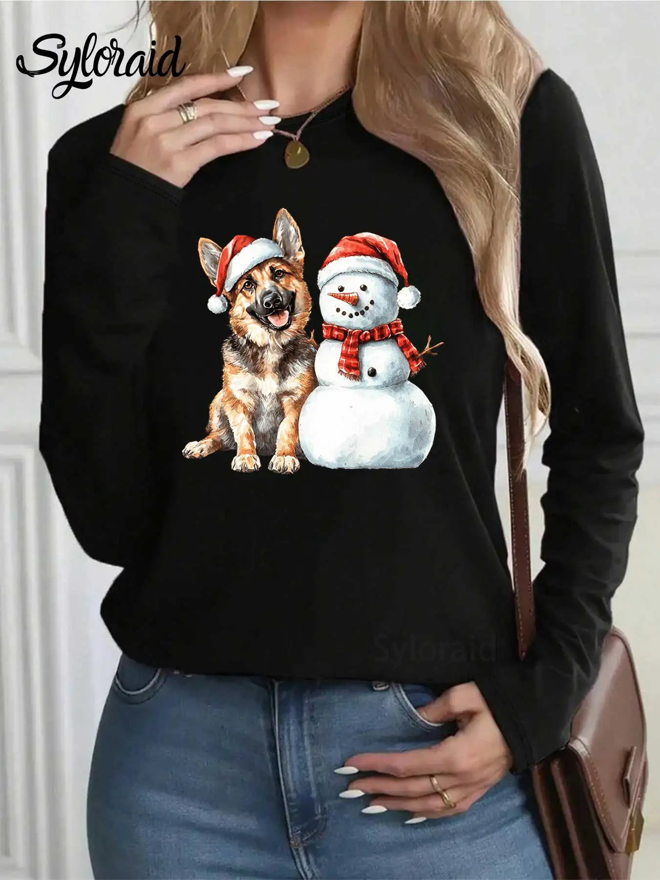Women's Long Sleeve T ShirtSanta Dog and Snowman Christmas Graphic T ShirtFashion Round Neck Casual Top