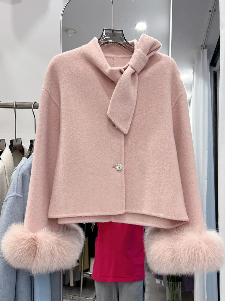 ZMEENNA Damen-Kurzmantel aus elfenbeinfarbener Wollmischung, abnehmbarer Krawatten-Schal, Kunstpelz-Manschette, einreihige Winterjacke, elegant, ZM4404