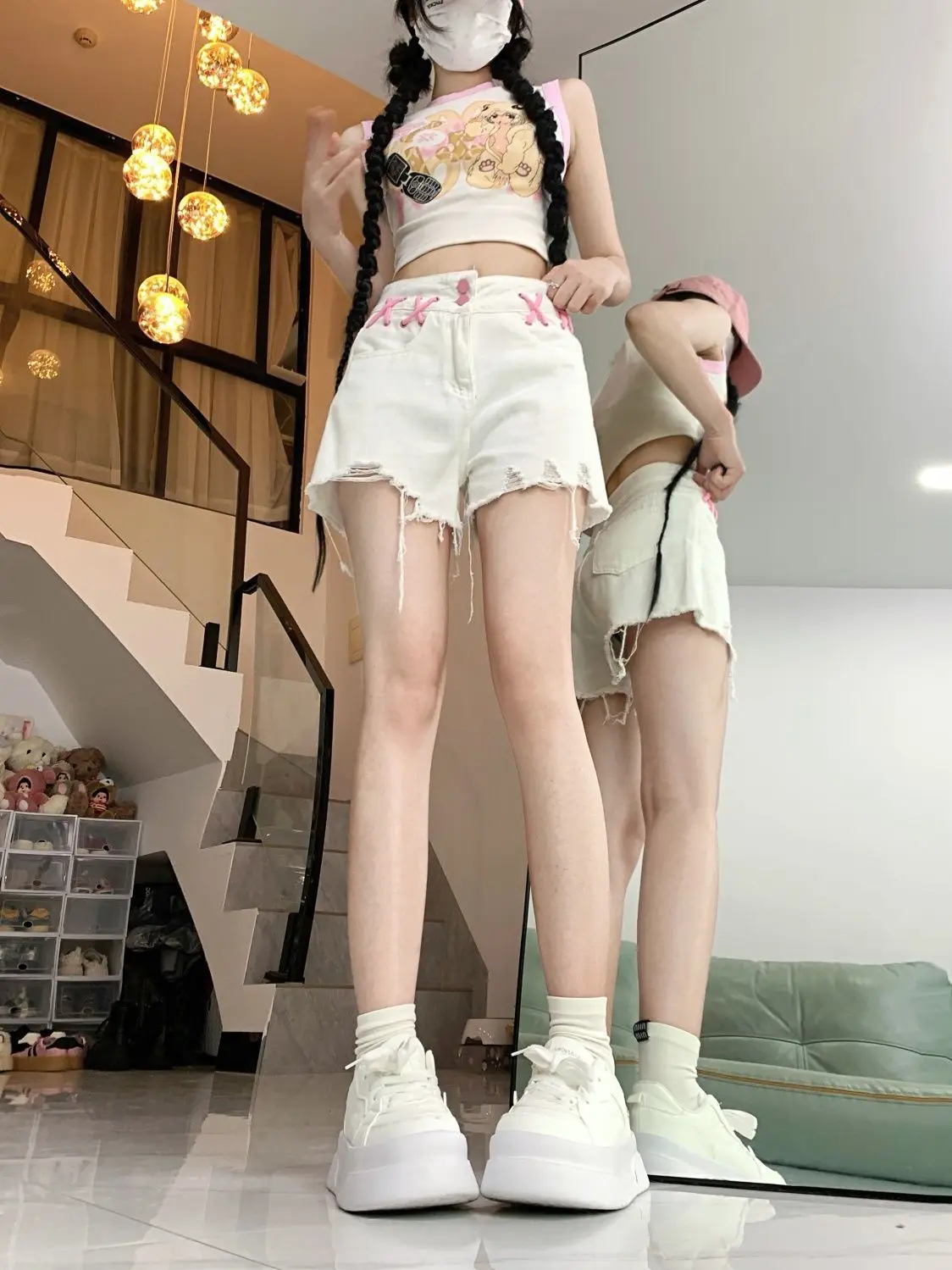 Denim Shorts Raw Edge Kordel zug hohe Taille American Hottie Style Frauen Sommer Shorts Abnehmen Hot pants Straight Pants