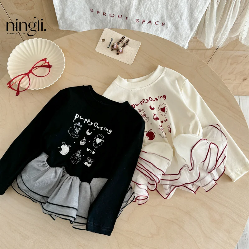 

Girls' Lace Long SleeveTT-shirt Autumn New Girl Fake Two-piece Layered Sweatshirt PulloverpSheer Skirt Top