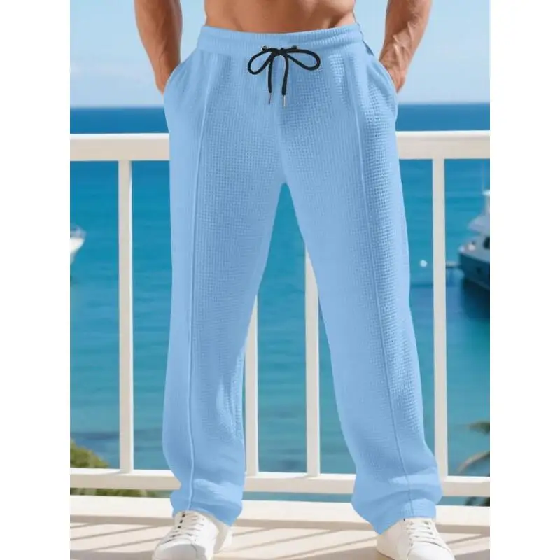 Men's British Gentleman Waffle Knit Loose Fit Joggers Straight Leg Neutral Style Casual Pants for Spring Season
