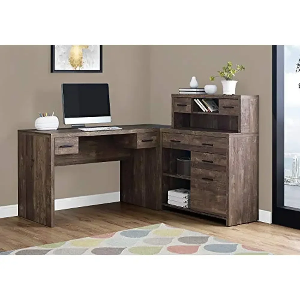 L-Shaped Computer Desk with Hutch & 8 Drawers 110lbs Capacity Reversible Configuration Brown Reclaimed Wood Home Office Corner