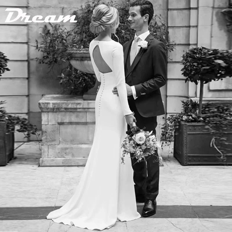 

DREAM Customized Crepe Simple Sheath Wedding Dresses 2025 Long Sleeve Elegant Bridal Dress Open Back Bride Floor Length Gown