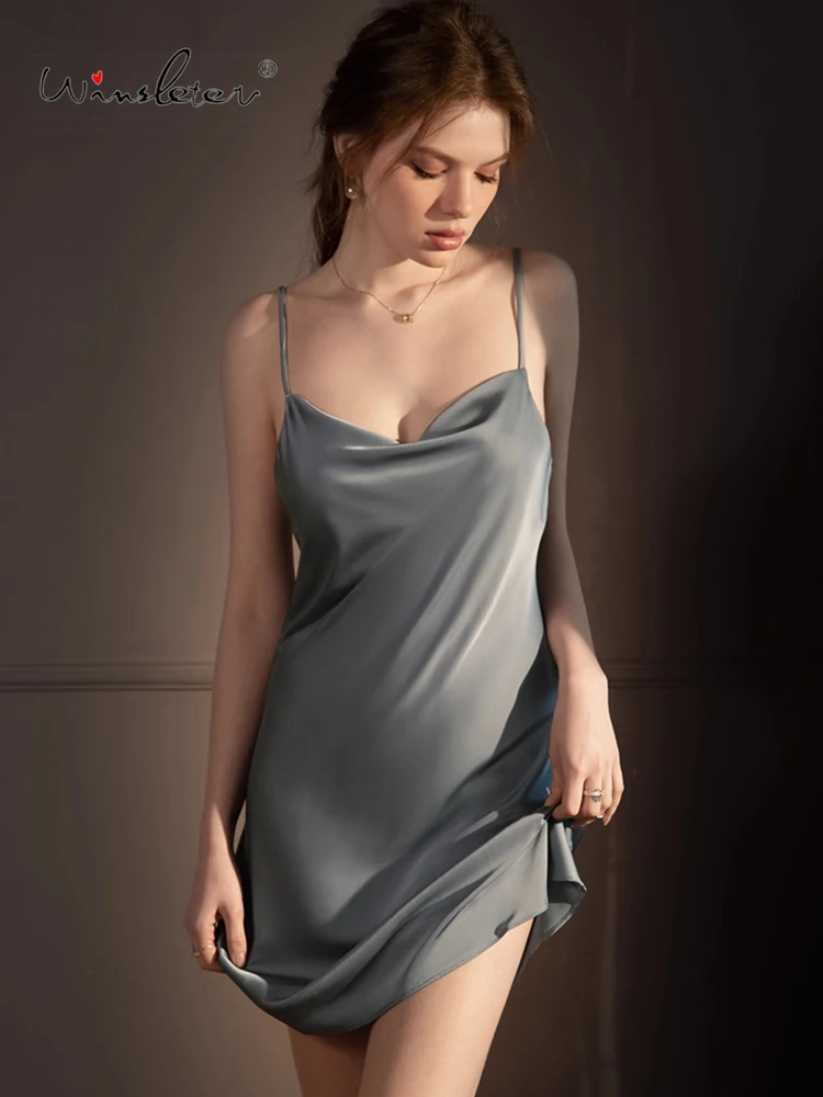 

Winsleter-Women Sexy Suspender Strap Nightgown, Swing Collar Solid, French Flirt Bride Simplicity Pajamas, 2025 Summer P57005CC