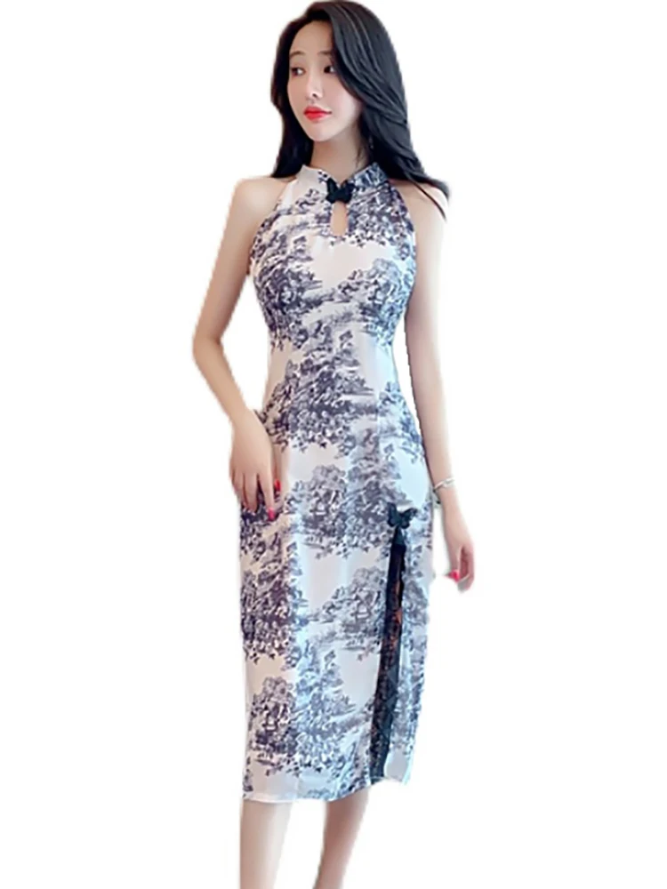 فستان صيفي أنيق مطبوع على الرقبة مثير بشق من الدانتيل فستان نسائي عتيق ضيق على الورك فستان ميدي 2025 فستان سهرة كوري أنيق