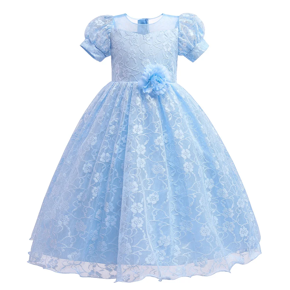 

Lace Girls Princess Dress with Puff Short Sleeve 3D Flower Long Teens Formal Party Wedding Dresses Ball Gown for Summer 3-12T