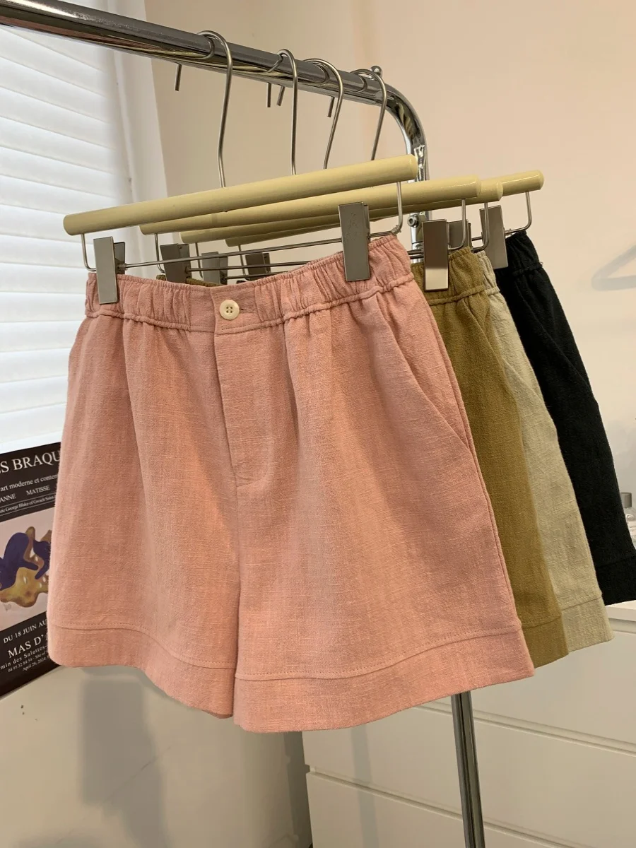 

2024 Summer Women Vintage Loose Cotton Linen Beach Shorts Female Casual Streetwear Solid High Waist Lace Up Short Pants V177