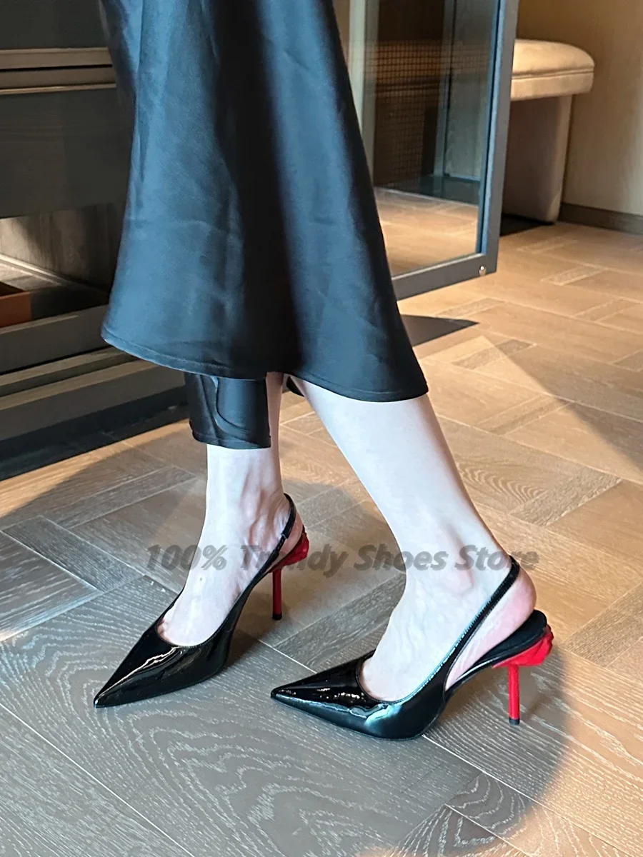 Hot Selling New Rose Contrasting Color Fine Heel Pointed French Temperament Single Shoe Black Toe Cap Sandals for Women